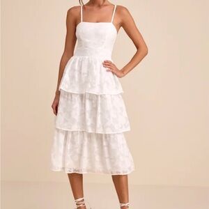 Lulu's White Tiered Lace Midi Dress